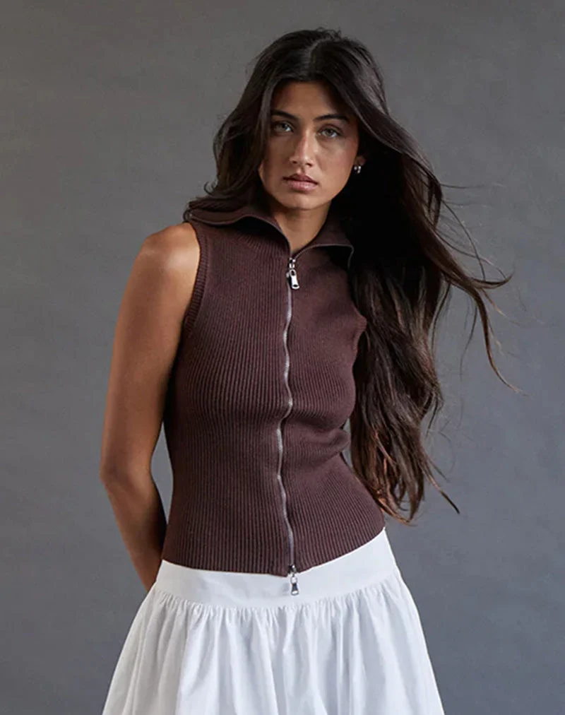 Tarni Highneck Fold Over Tank Top in Braun