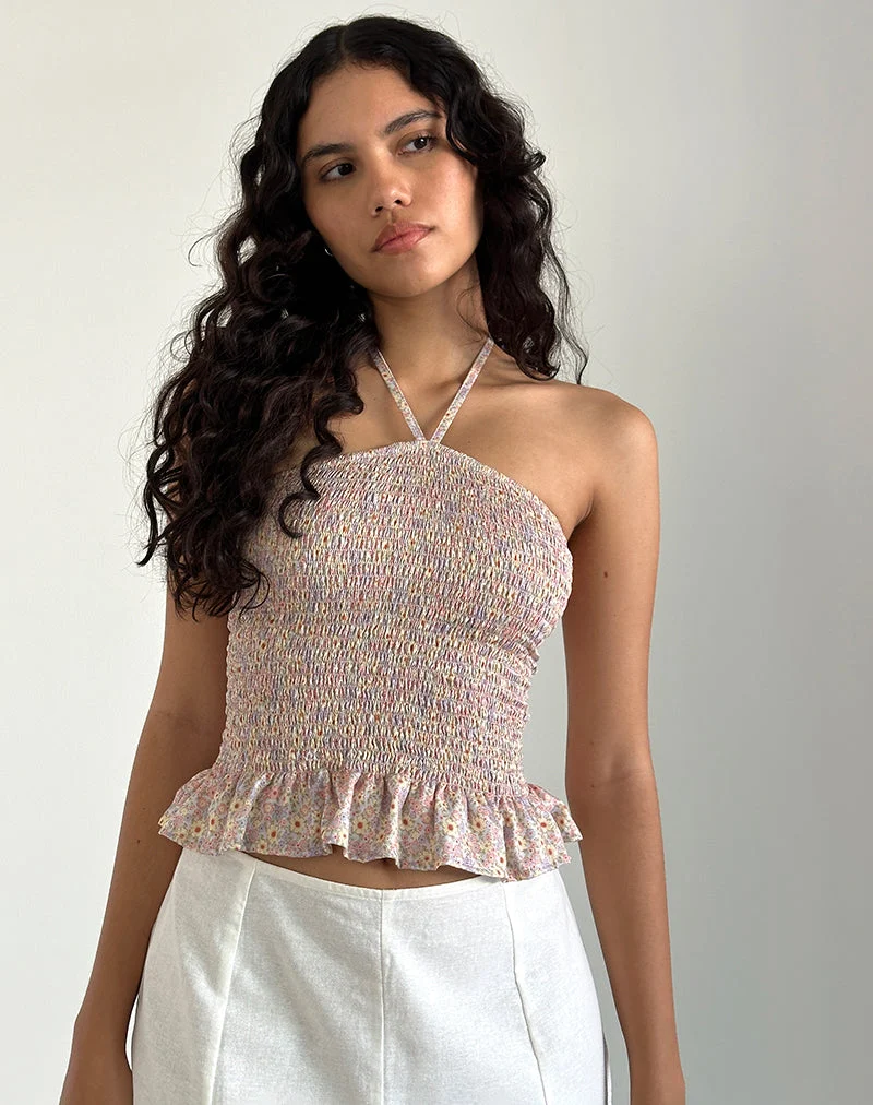 Phobe Gerafftes Neckholder-Top in 70s Prairie Girl Floral