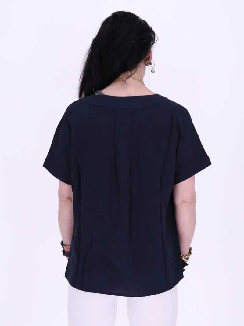Dunkelblaues Damen Shirt im Blusen-Stil mit Plockmuster