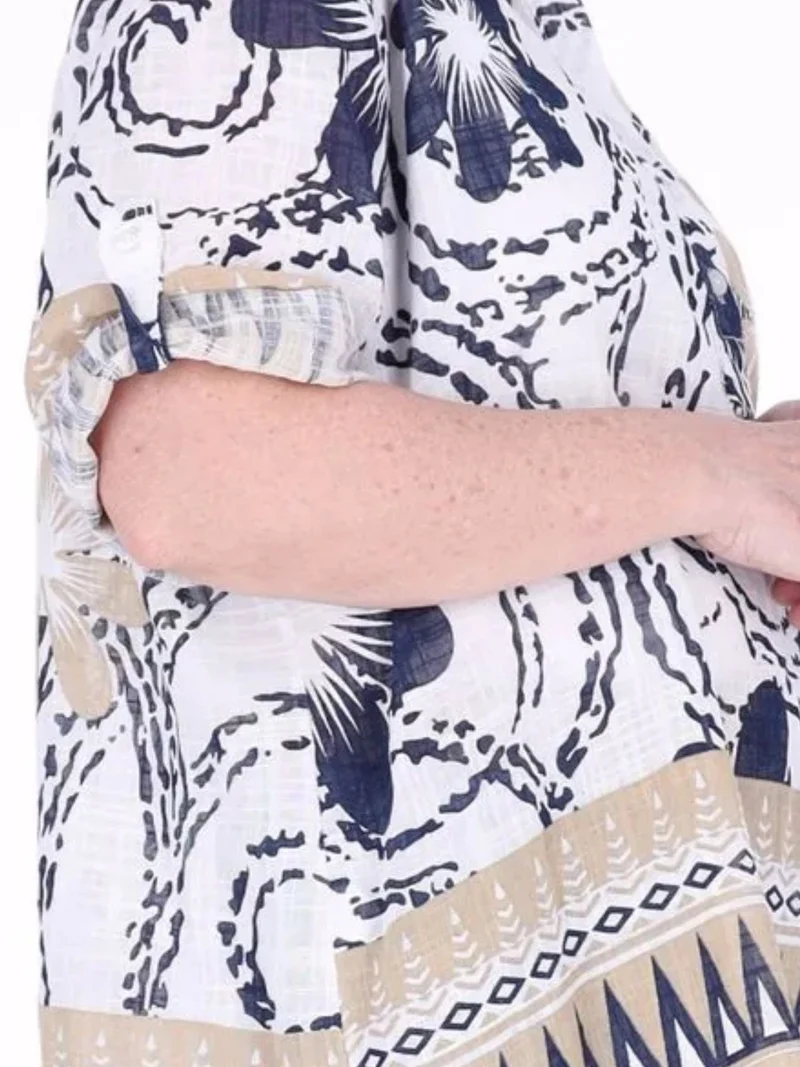Damen Blusenshirt mit Allover-Print und 3/4-Krempelärmeln – Weiß