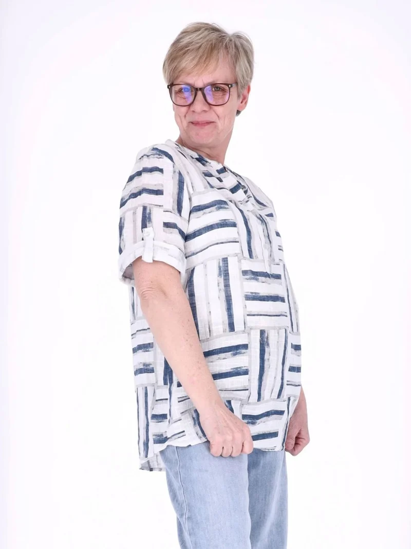 Blusenshirt Damen 3/4 Krempelarm AOP Streifen