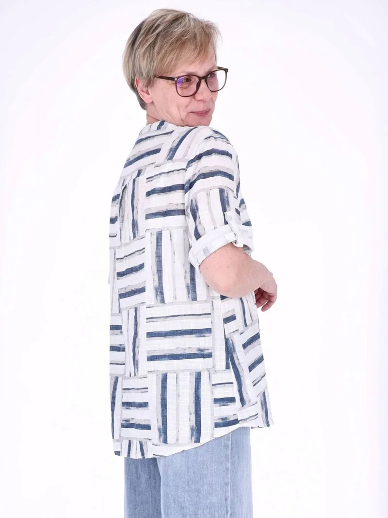 Blusenshirt Damen 3/4 Krempelarm AOP Streifen