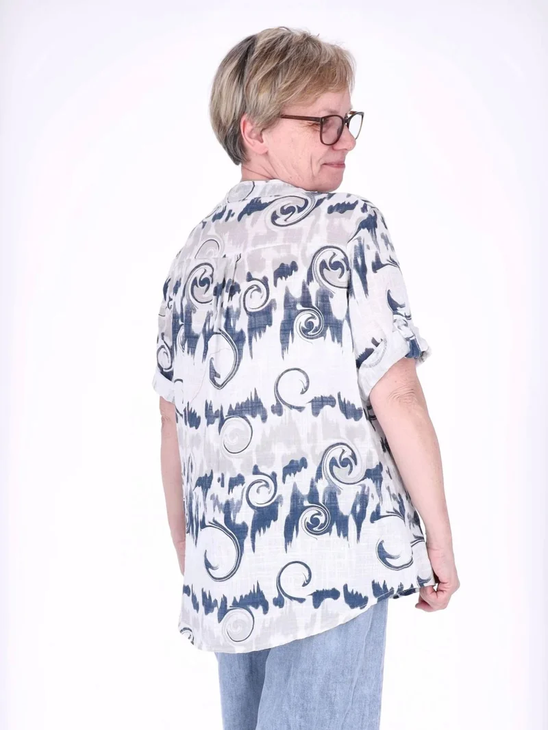 Damen Blusenshirt mit Allover-Print und 3/4-Krempelärmeln aus Baumwoll-Leinen-Mix
