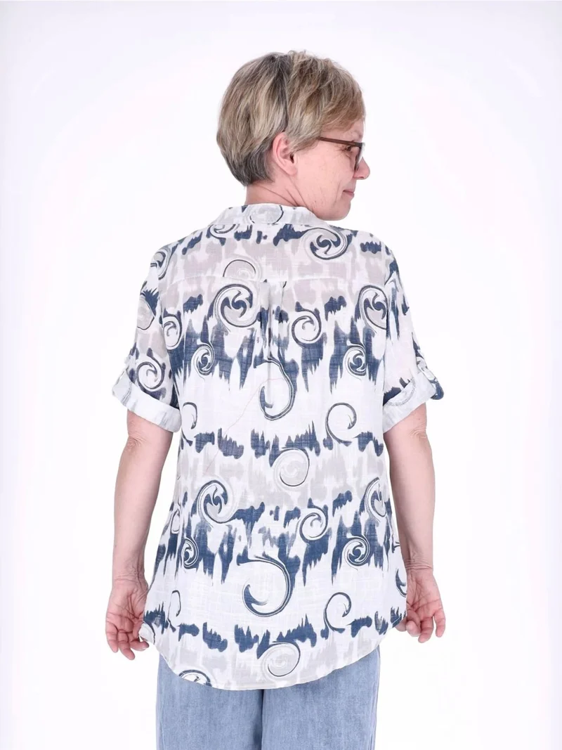 Damen Blusenshirt mit Allover-Print und 3/4-Krempelärmeln aus Baumwoll-Leinen-Mix