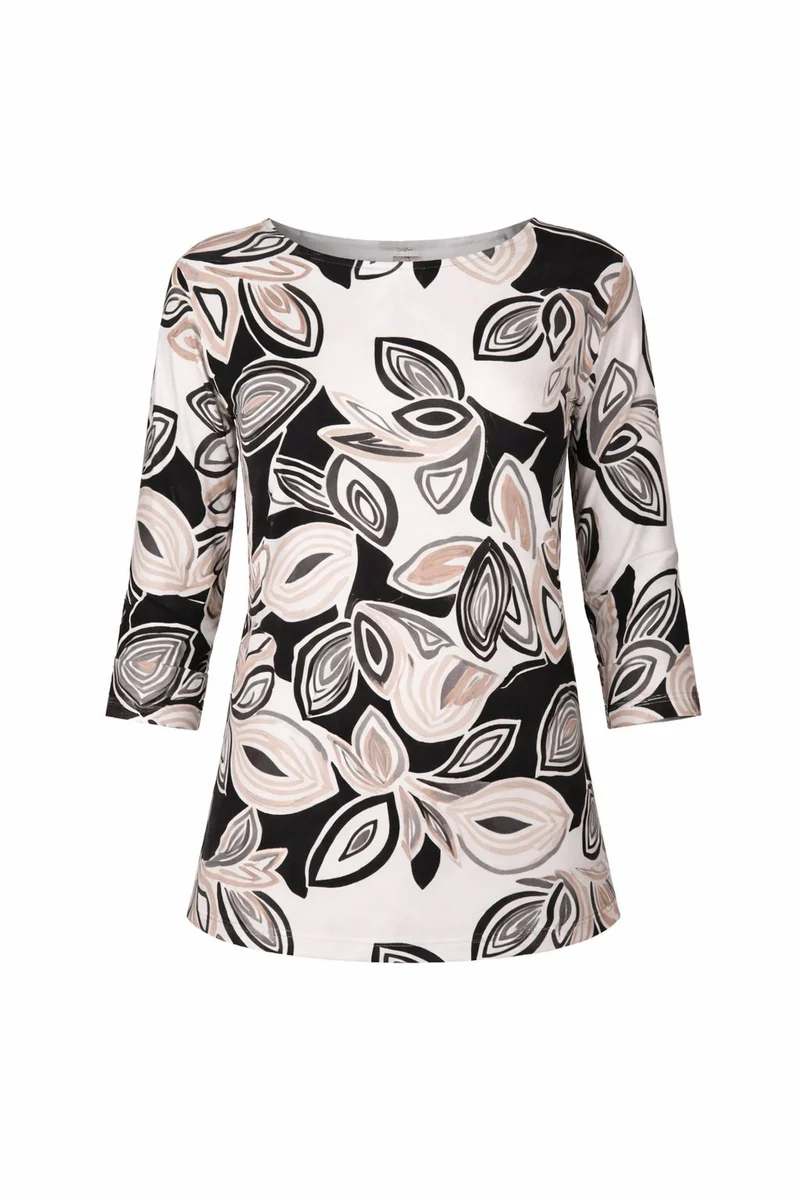 Damen Shirt mit 3/4-Ärmeln und Allover-Print – Schwarz
