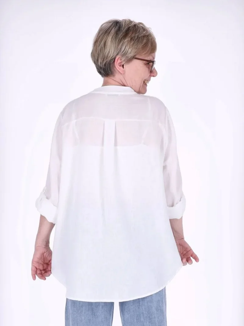 Weißes Damen Blusenshirt mit Knopfleiste & Krempelärmeln
