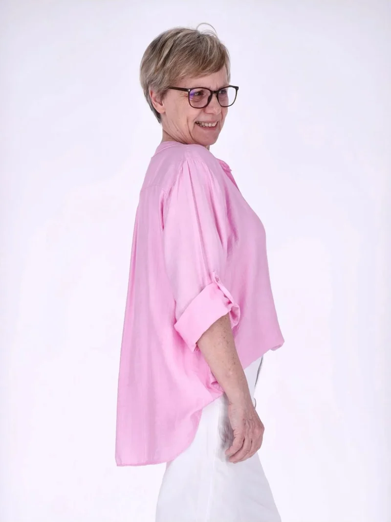 Blusenshirt Damen Krempelarm Viskose kurze Knopfleiste