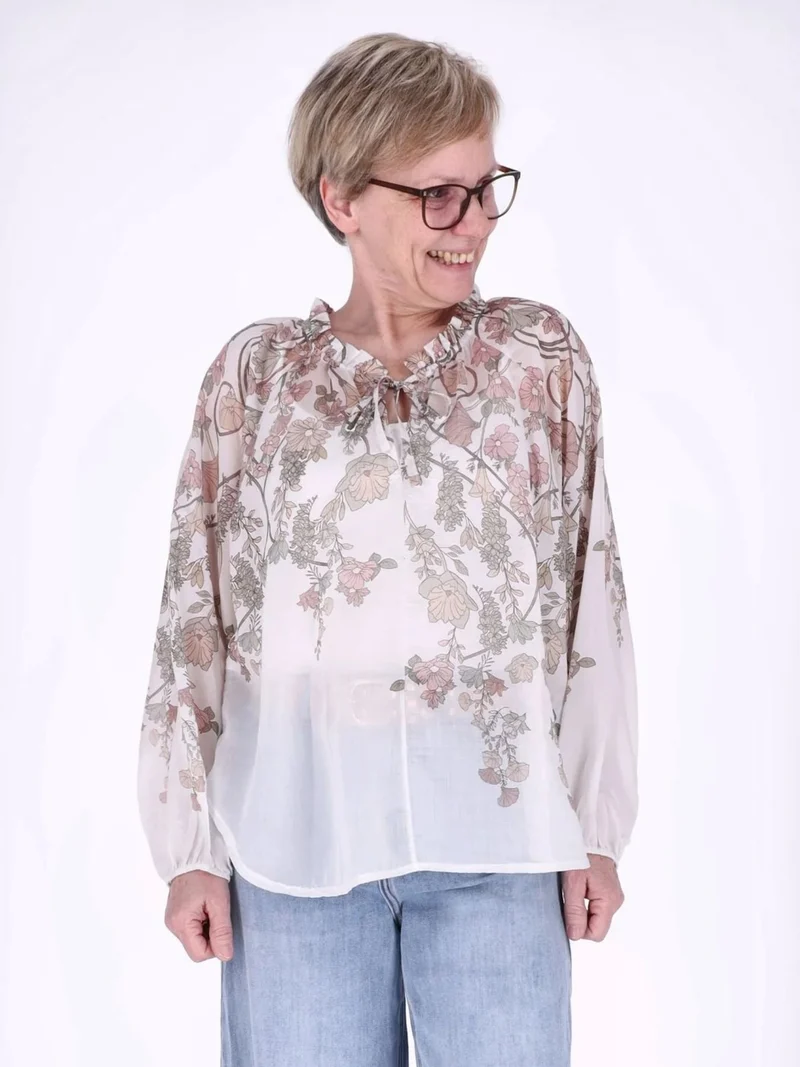 Beiges Carmen-Blusenshirt Damen mit floralem Allover-Print