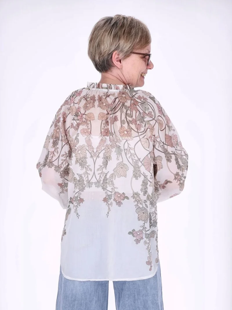Beiges Carmen-Blusenshirt Damen mit floralem Allover-Print