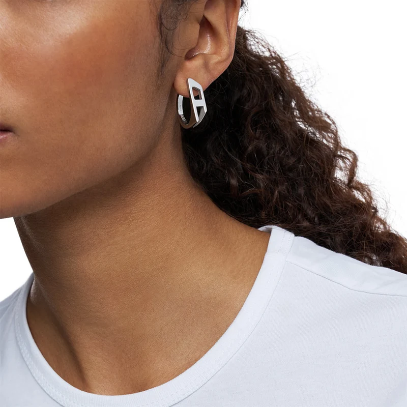 Diesel D Logo Silver Stainless Steel Earrings DX1637040